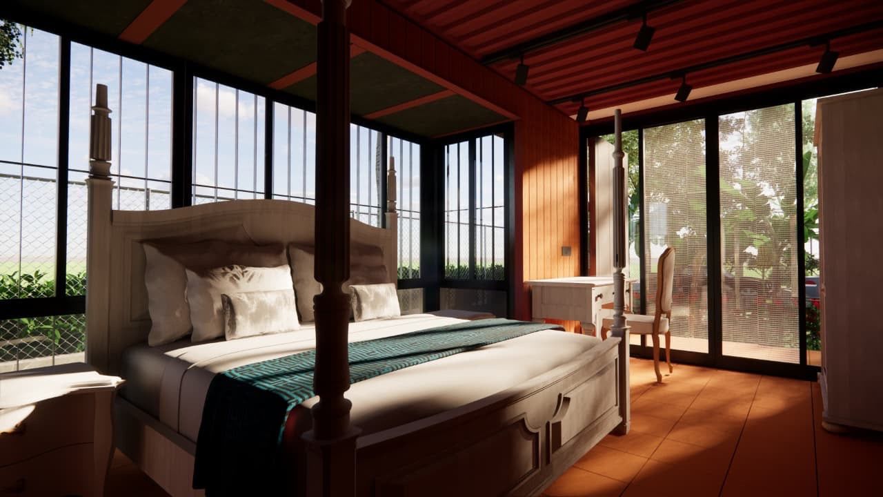 Container suite with four-poster bed and wraparound glazing