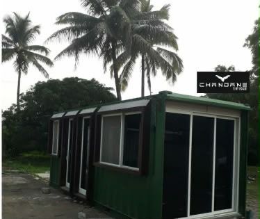 Green container bungalow with sliding glass front among coconut palms