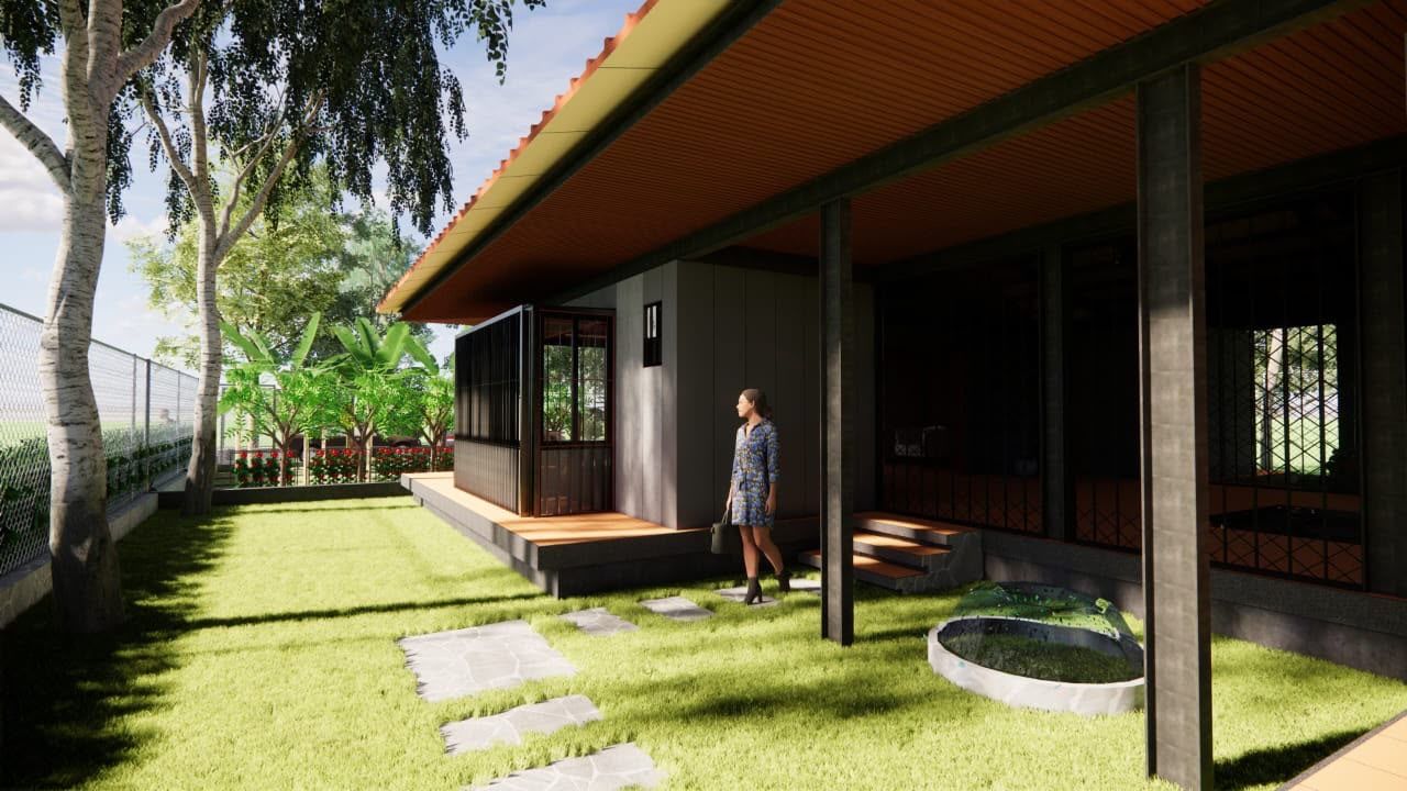 Container cottage with deck under a long steel-framed verandah